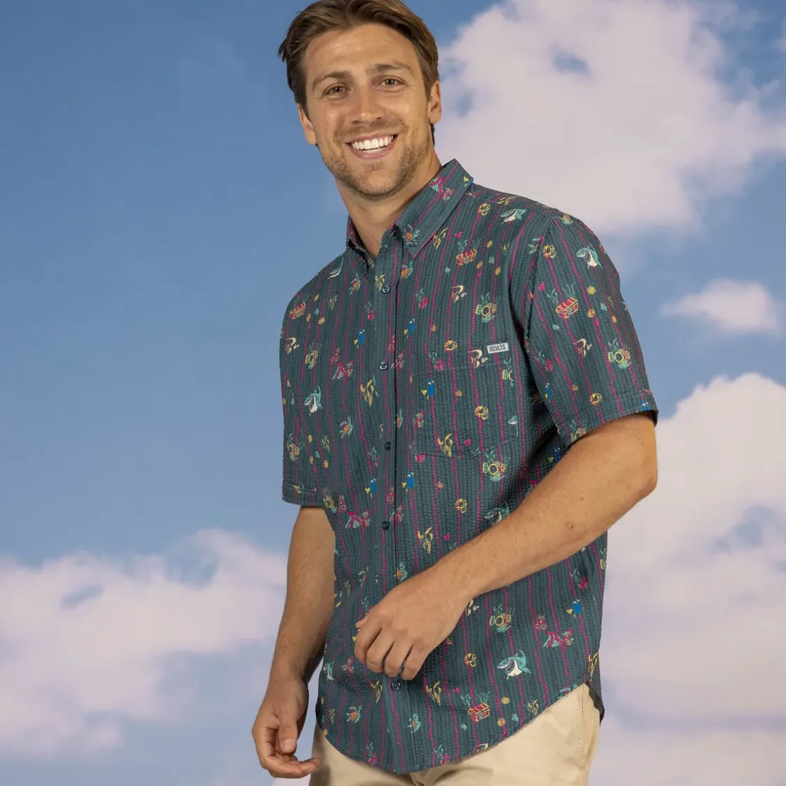 Finding Nemo|Disney & Pixar|Disney and Pixar Finding Nemo "Shark Bait’s Buds" – Stretch Seersucker Short Sleeve Shirt