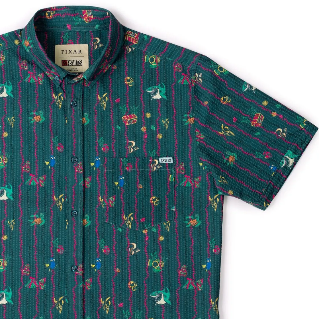 Finding Nemo|Disney & Pixar|Disney and Pixar Finding Nemo "Shark Bait’s Buds" – Stretch Seersucker Short Sleeve Shirt
