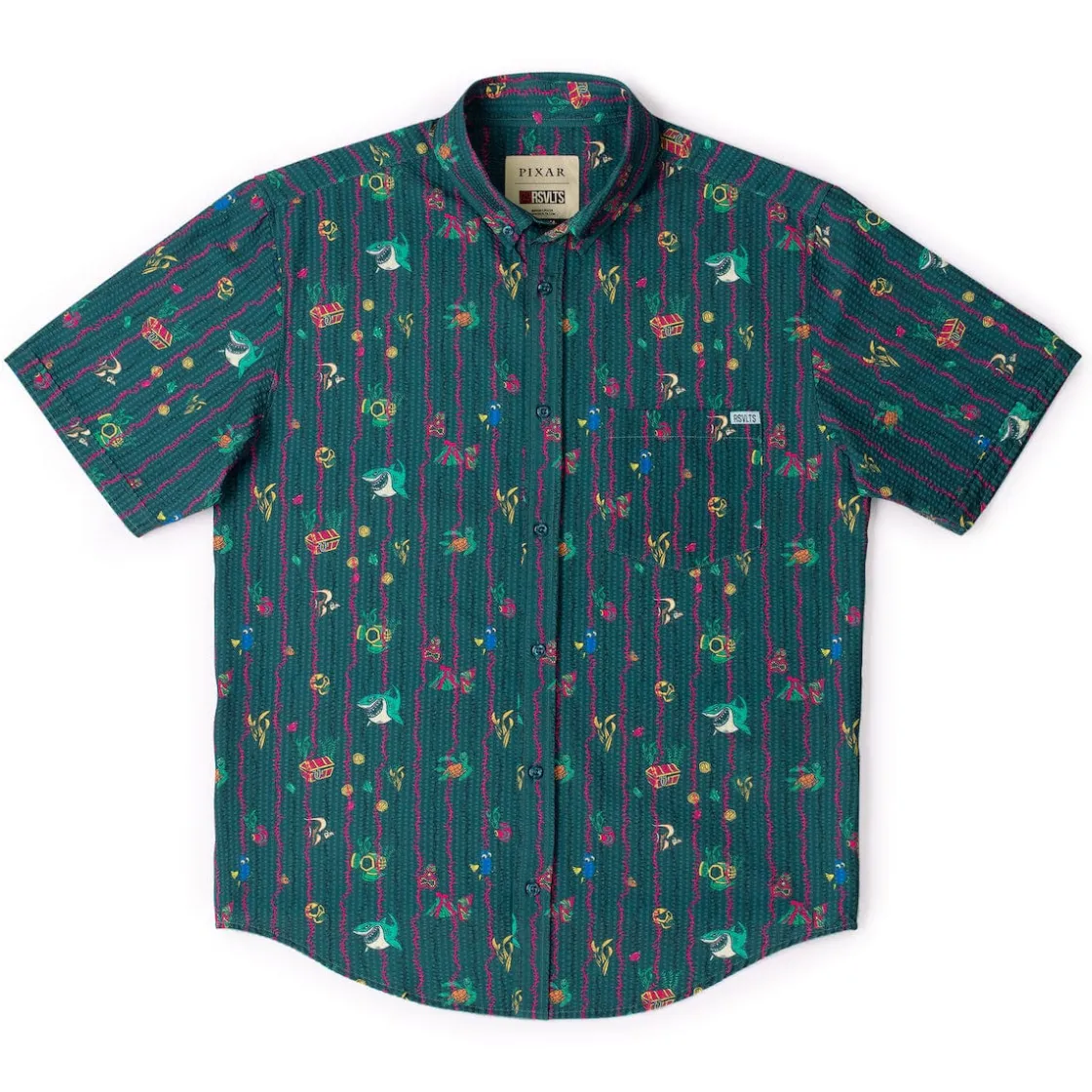 Finding Nemo|Disney & Pixar|Disney and Pixar Finding Nemo "Shark Bait’s Buds" – Stretch Seersucker Short Sleeve Shirt