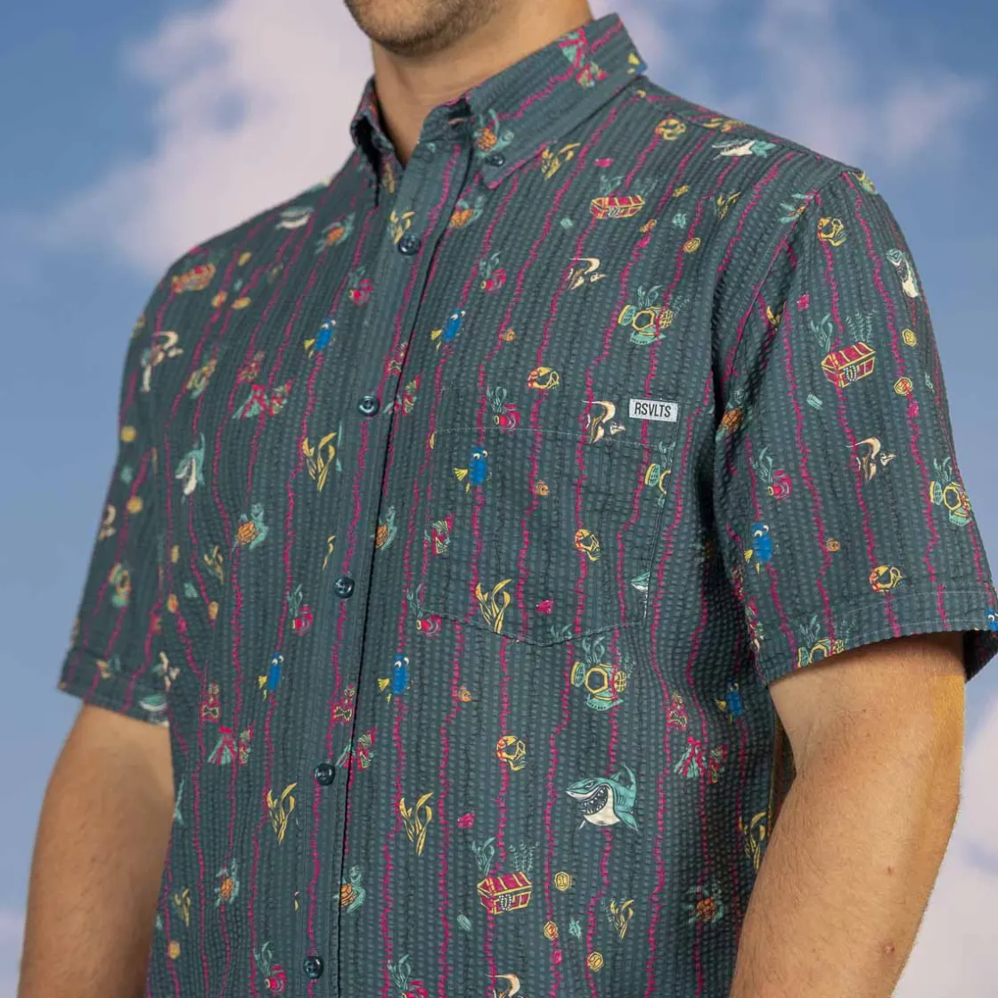 Finding Nemo|Disney & Pixar|Disney and Pixar Finding Nemo "Shark Bait’s Buds" – Stretch Seersucker Short Sleeve Shirt