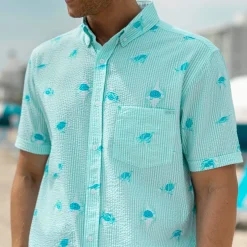 Short Sleeve Shirts|Seersucker|RSVLTS Sea Turtles – Stretch Seersucker Short Sleeve Shirt