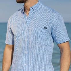 Short Sleeve Shirts|Seersucker|RSVLTS We Sail Without Him – Stretch Seersucker Short Sleeve Shirt